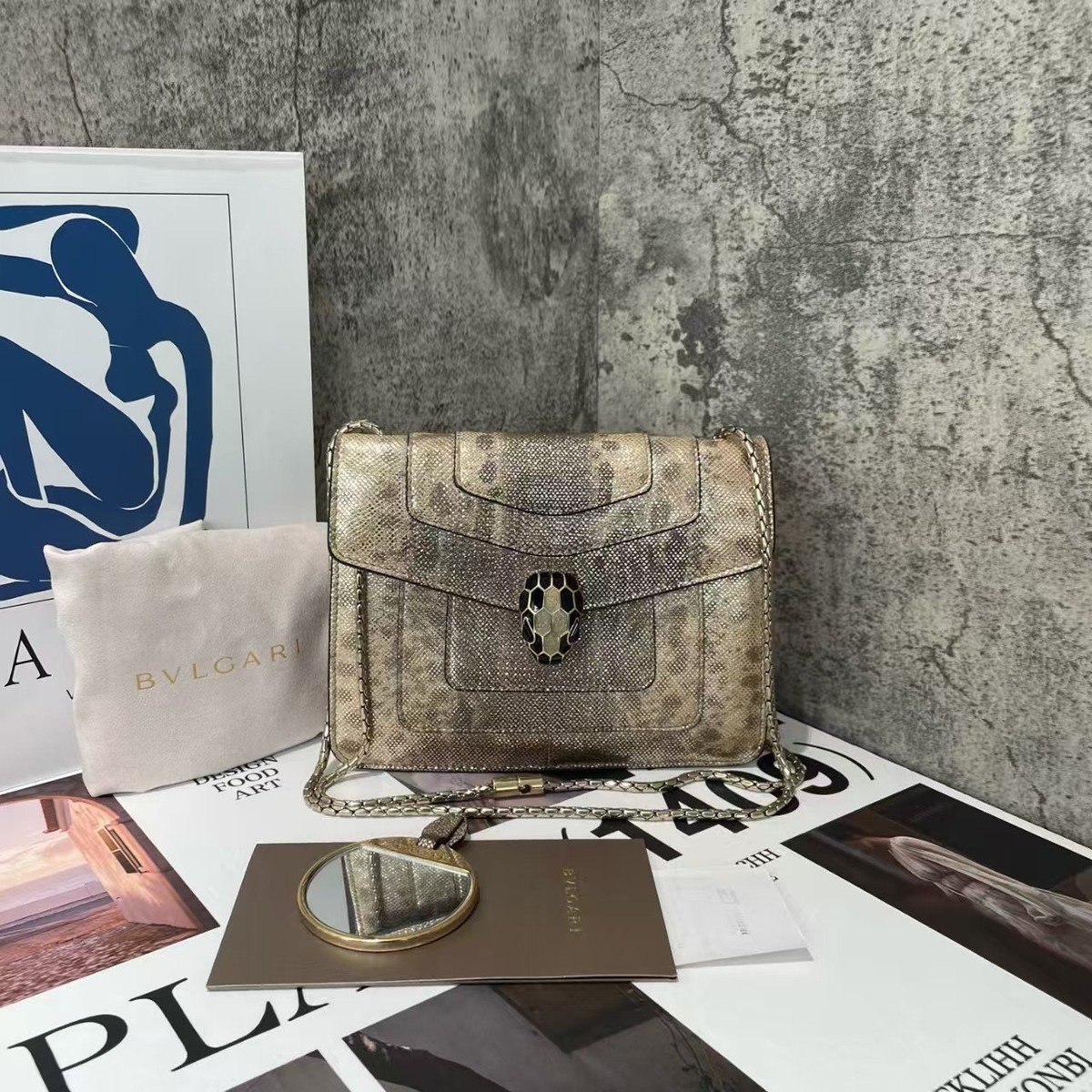 Bvlgari Serpenti Silver Brown Watersnake Bag Snake Head Logo