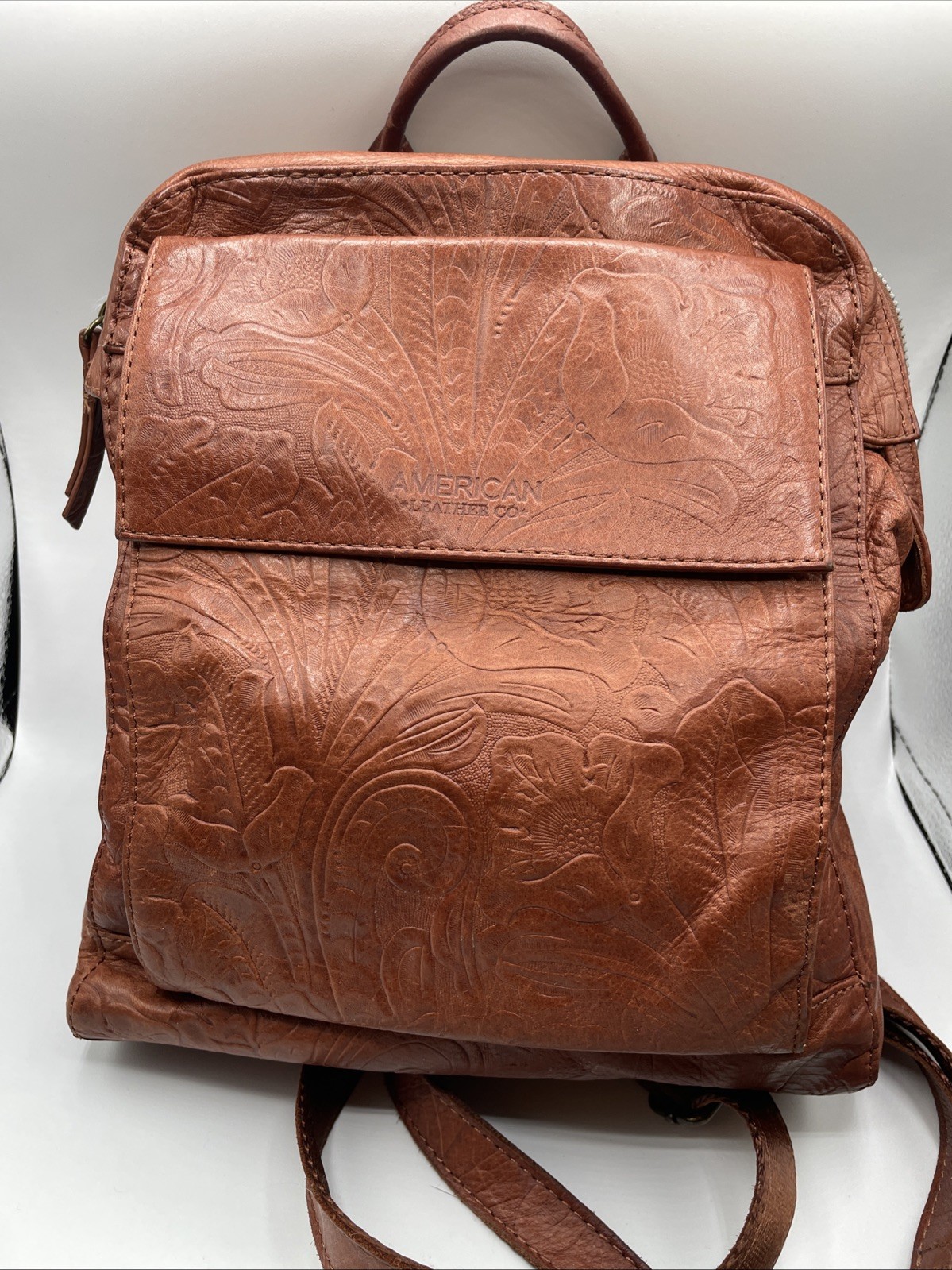 American Leather Co Brown Backpack Embossed Tooled Leather Backpack Purse