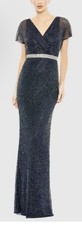 MAC DUGGAL 93678 Sz 16 Navy Beaded Short Sleeve Column Long Gown