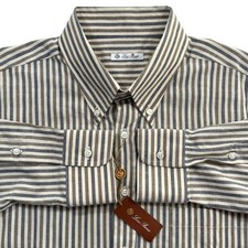 New LORO PIANA Men's ALFRED Dress Shirt XXL 18 / 45 Brown Blue Stripes Linen NWT
