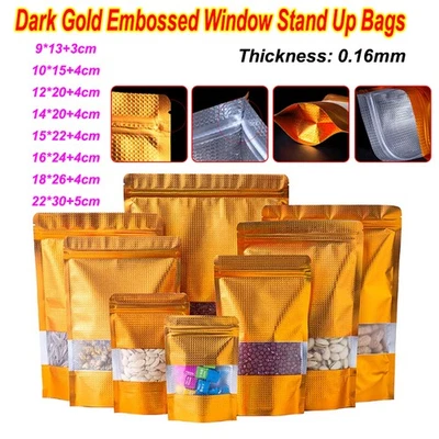 100 Stück Dunkel Gold geprägte Fenster Standbeutel Lebensmittelverpackung Beutel - Bild 1 von 4