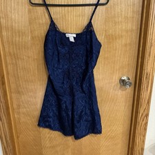 Vintage VAL MODE Lingerie Blue Lace Trim Floral Jacquard Chemise Nightgown