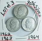 LOT of 3 Roosevelt Dimes 1962-1963-1964 90% Silver VG Condition Look & JudgeThem