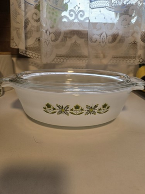 #ad #ad vintage Anchor Hocking Fire King casserole dish in quot;Meadow Greenquot; pattern 1.5 Qt $9.50