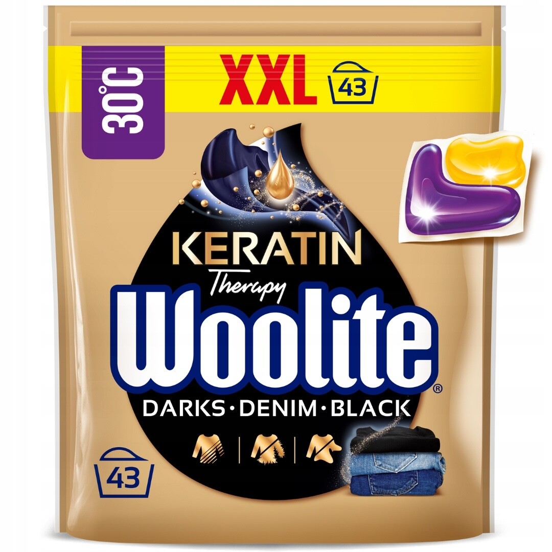 Капсулы для стирки белья Woolite для ТЕМНЫХ ТКАНЕЙ caps XXL в упаковке на 43 стирки Сделано в Европе
