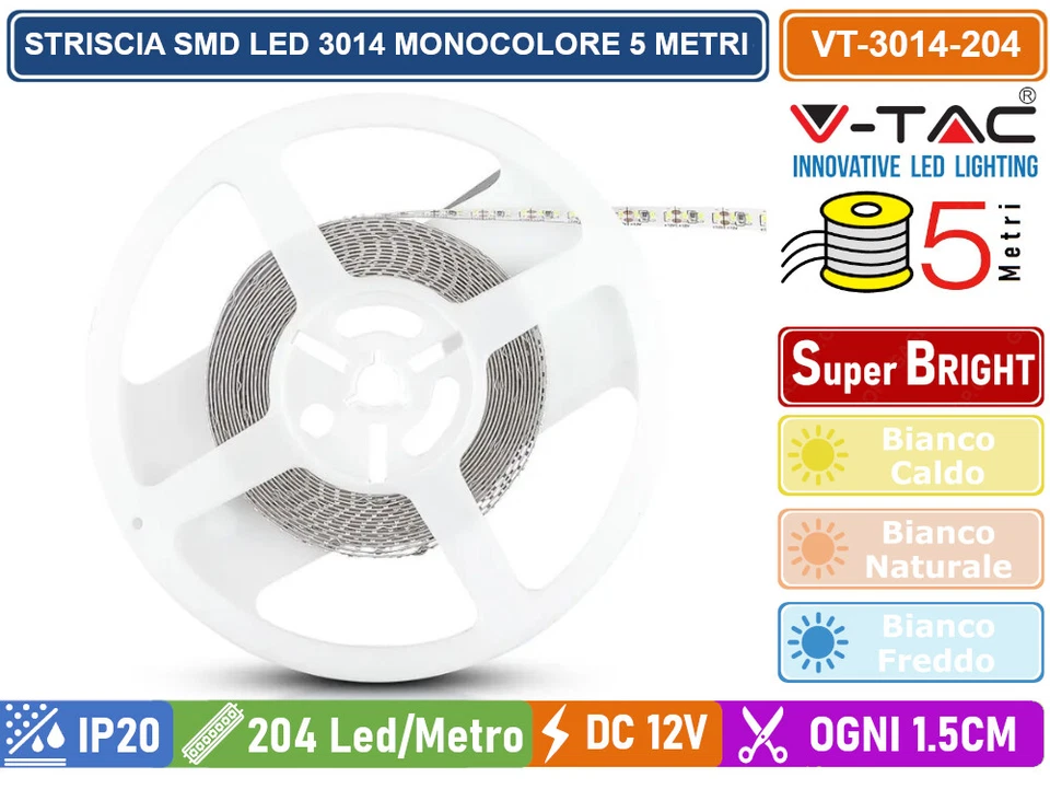 V-TAC VT-3014 STRISCIA LED 3014 MONOCOLORE 204 LED/METRO BOBINA DA 5 METRI-IP20 - Immagine 3 di 4