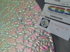 Dichroic Glass:CBS 96 COE Green/Pink on Figure "C" Textured Clear- 3"Sq