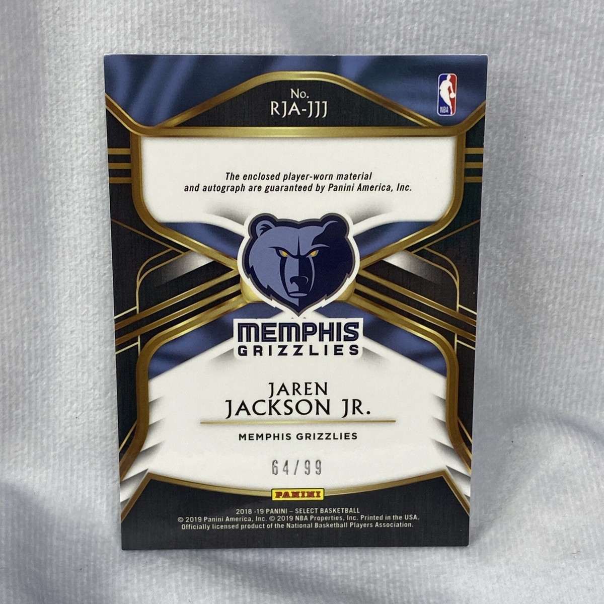2018-19 Select /99 JAREN JACKSON JR RC RPA Rookie Patch Auto #RJA 