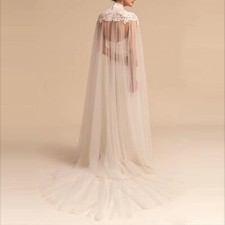 Appliques Tulle Wedding Cape High Neck Long Cloak Cathedral Length Wedding Lace