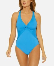 Bleu By Rod Beattie Twist  Shout Plunge One-Piece Swimsuit, Size 4 - Blue
