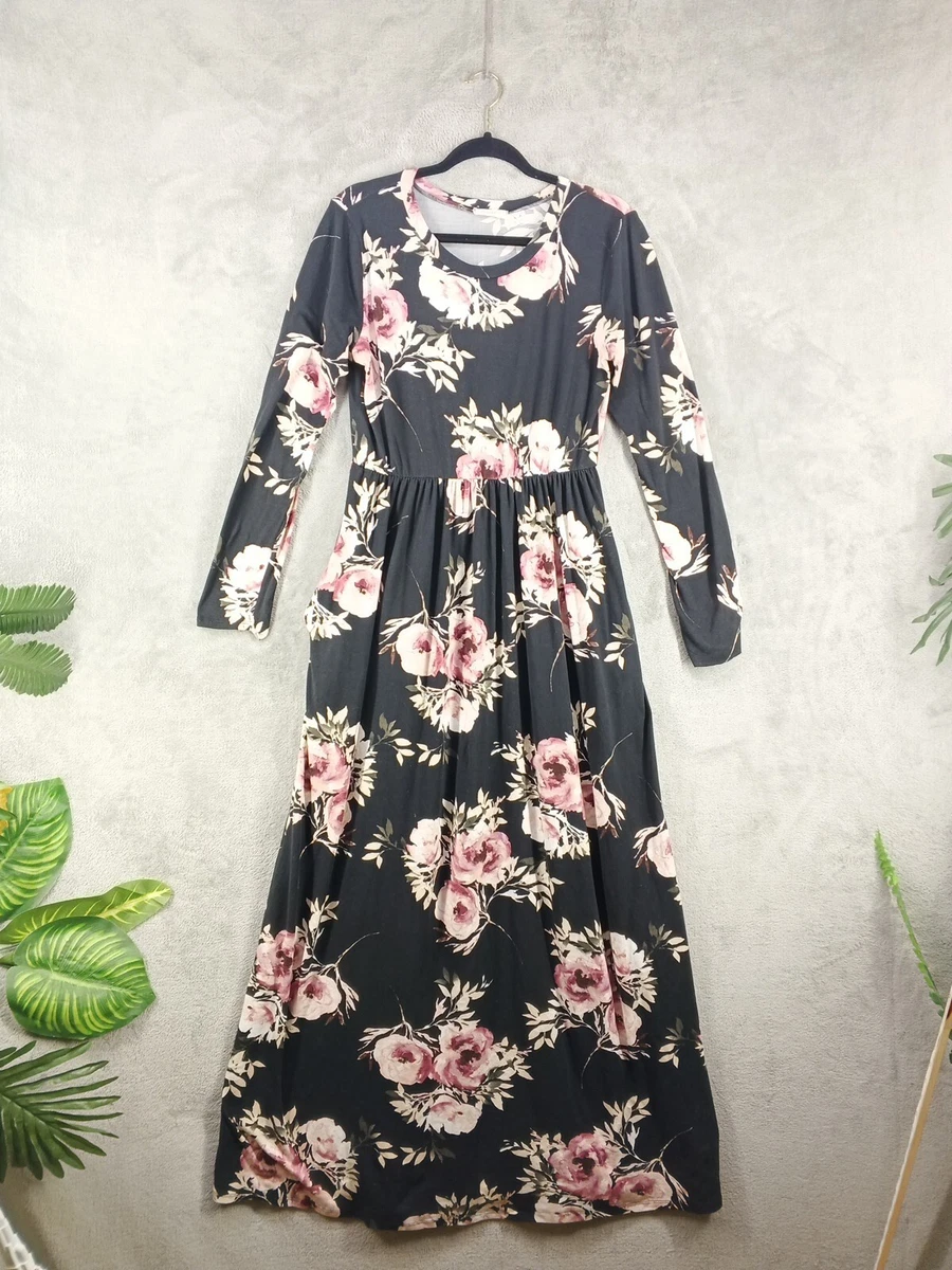 REBORN J Maxi Dress LARGE 12 14 Women Knit Floral W Pockets