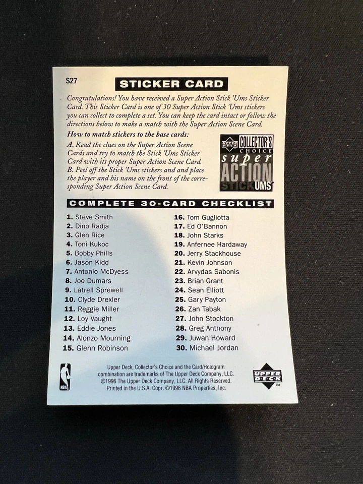 1996 upper deck basketball super action stickums john stockton #s27 - Image 2 of 2