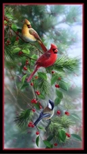 24" X 44" Panel Birds Berries Holly Ivy Pines Trees Cotton Fabric Panel D415.26