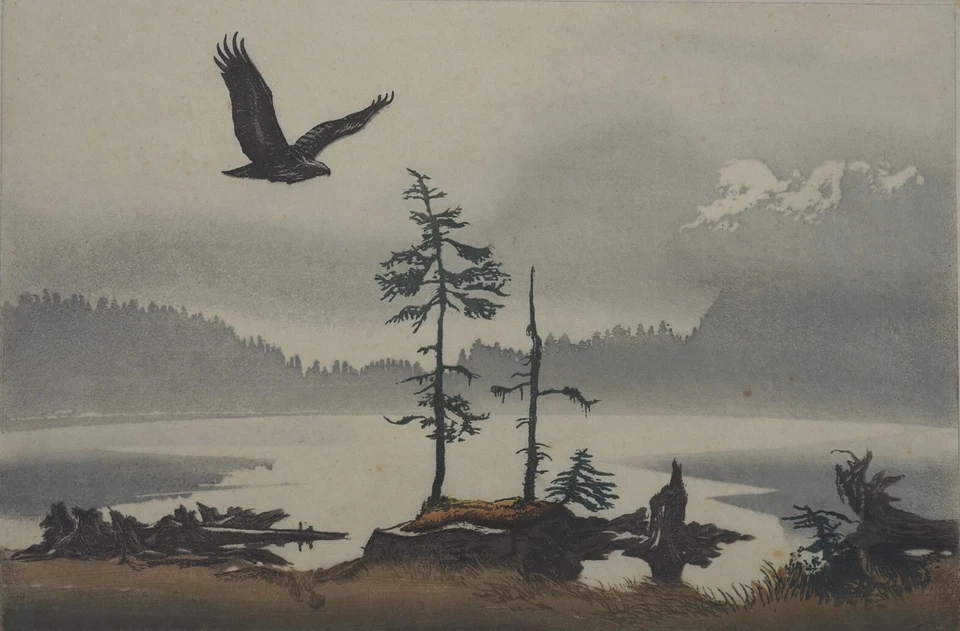 Hochwaldsee mit Adler Leo Frank 1884 Farbholzschnitt - Bild 1 von 4