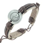 Men Silver Yin Yang Sign Brown Leather Cord Charm Cuff Bracelet Wristband Bangle