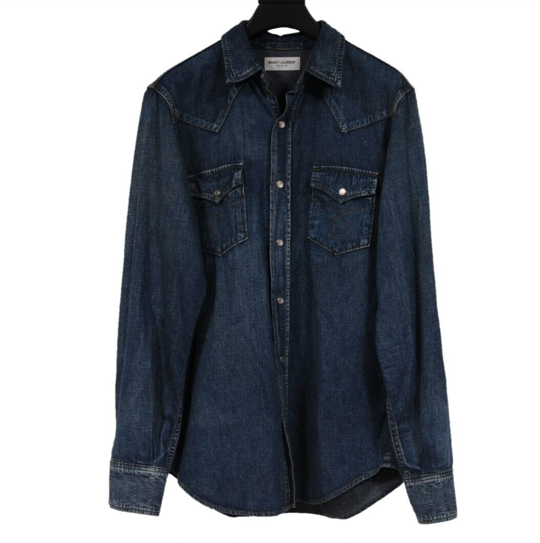 Camicia uomo Saint Laurent abbottonata media blu indaco denim bottoni perle