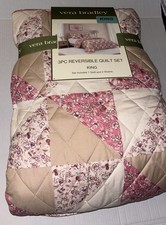 New Vera Bradley Floral Patchwork King 3 Piece Reversible Quilt Set Tan Pink