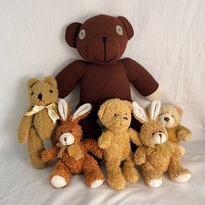 Plush Stuffie Lot - Mr Bean Style Knit Bear, Teddy Bears, Bunnies - 6pc Bundle