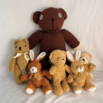 Plush Stuffie Lot - Mr Bean Style Knit Bear, Teddy Bears, & Bunnies - 6pc Bundle