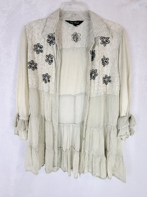 Young Threads Boho Patchwork Embroidered Tunic Jacket Medium Cream UO