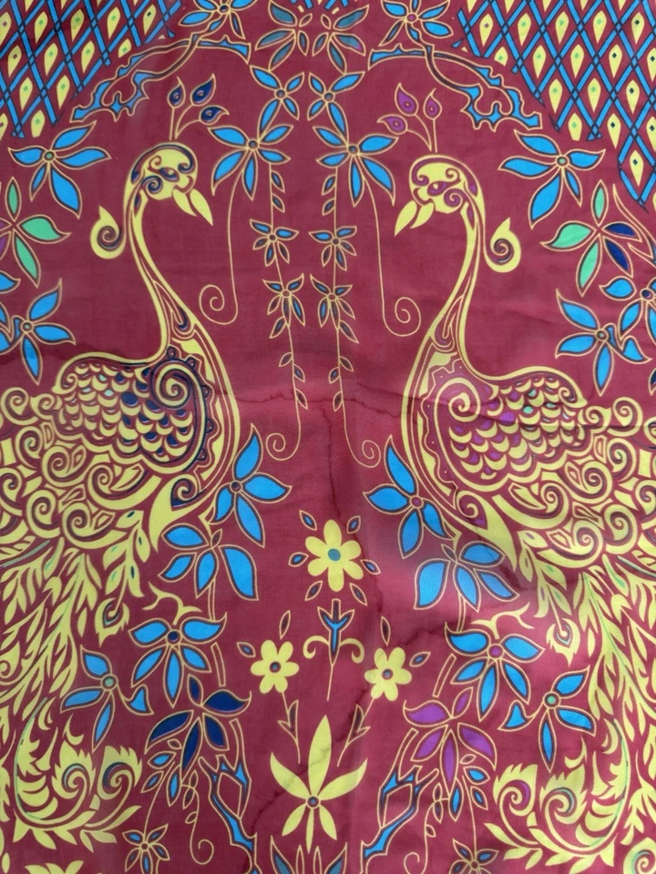 Bufanda de pavo real vintage mezcla de seda mantón envolvente de pavo real rojo 60" x 19" Eliana Dian EF Foto 2 de 4