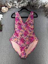 Old Navy Bathing Suit Hawaiian Pink Floral V-Neck One-Piece Swimsuit Size Large