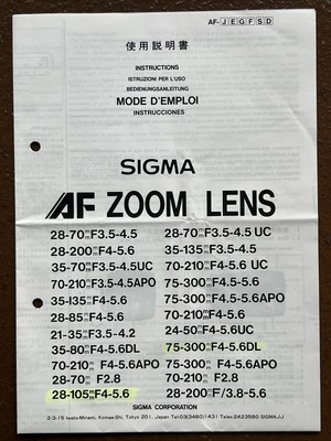Sigma AF Zoom Lens  - Anleitung