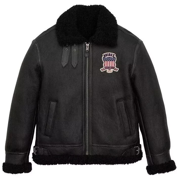 Avirex Black Shearling Leather Jacket B3 Bomber Fur Warm Cowhide