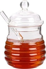 Glass Honey Jar with Dipper & Lid 400ml/14oz Pot Transparent Beehive Style