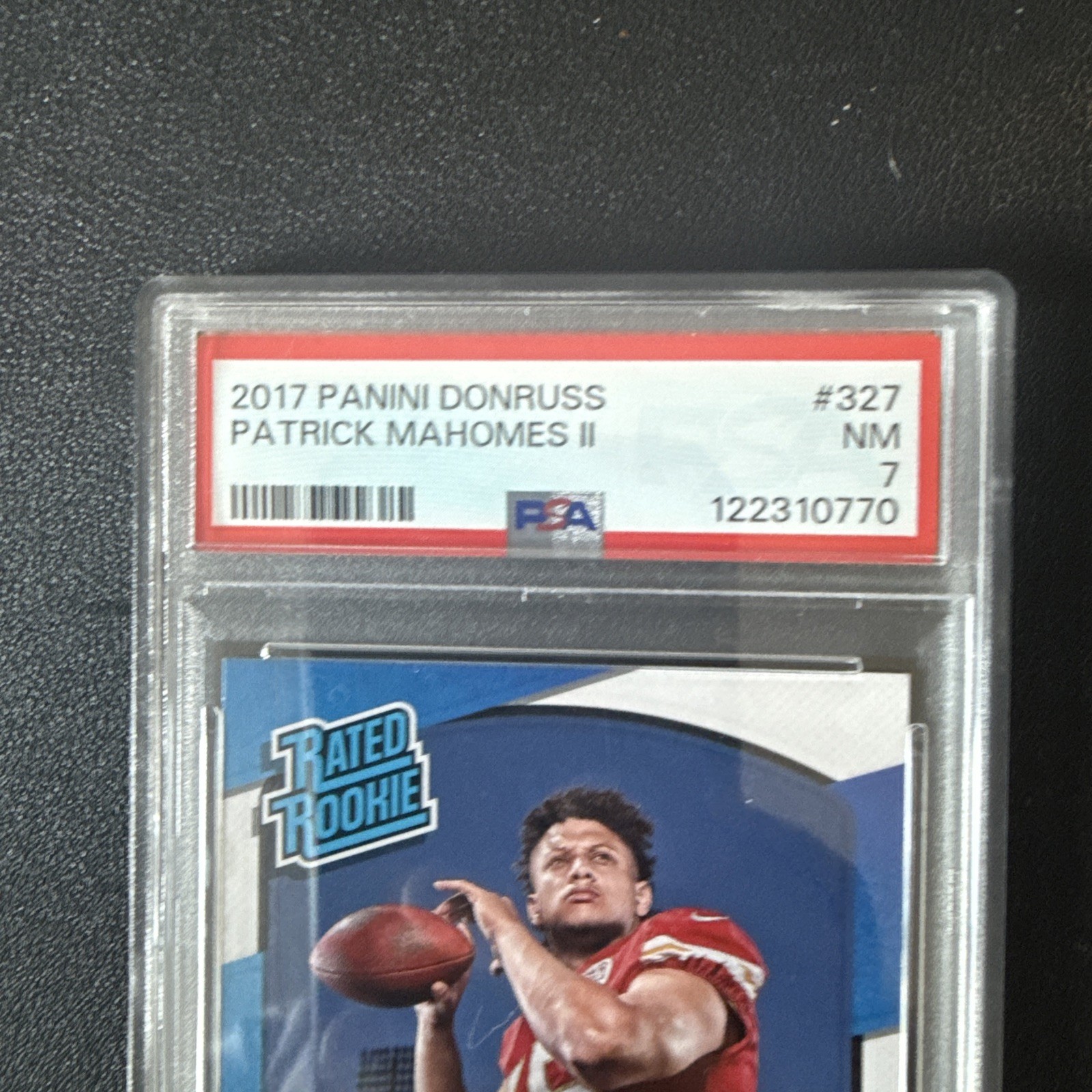 2017 Panini Donruss - Rated Rookie Patrick Mahomes II #327 (RC) PSA 7 view 3