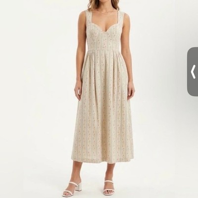 7 For All Mankind Striped Floral Square Neck Midi Dress, Size 4