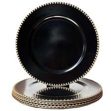 Black Charger Plates Beaded Rim Round Plastic Dinner Table 13 Inch 6 PCS