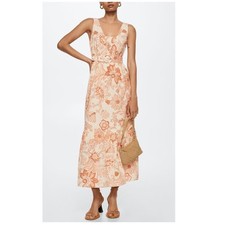 Mango Martina Floral Ivory Rose Belted Midi Dress