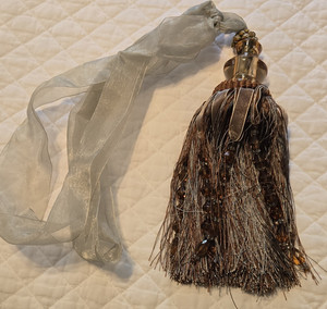 Brown Gray Beaded Thread Tassel Fringe Trim w/ Sheer Ribbon Hanger Tie
