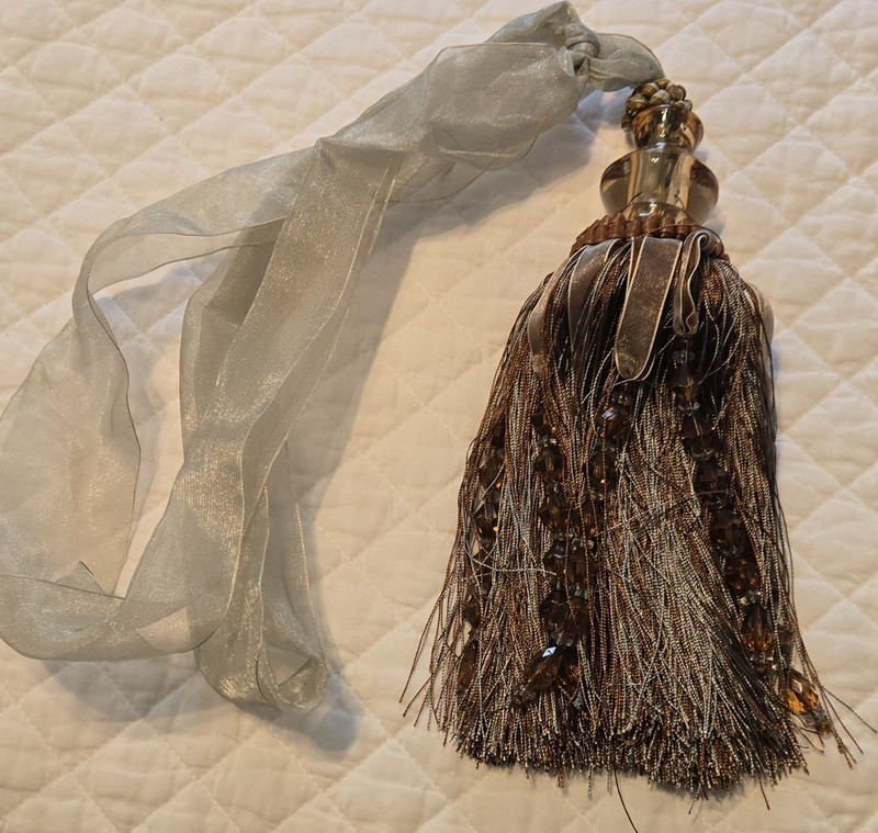 Brown Gray Beaded Thread Tassel Fringe Trim w/ Sheer Ribbon Hanger Tie