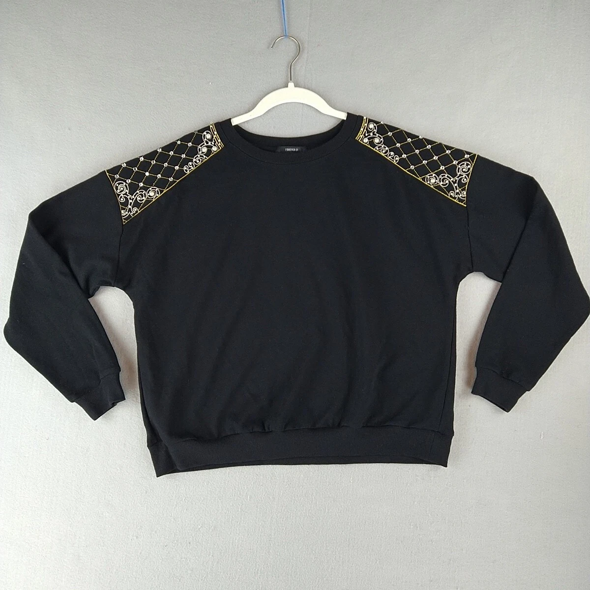 Forever 21 Sweatshirt Womens L Black Rhinestone Pearl Pullover Relaxed Ladies