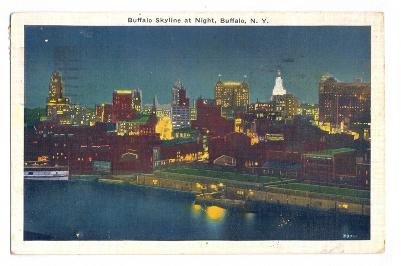 1930s USA,  vintage postcard, Buffalo skyline,  1 cent stamp, Buffalo NY