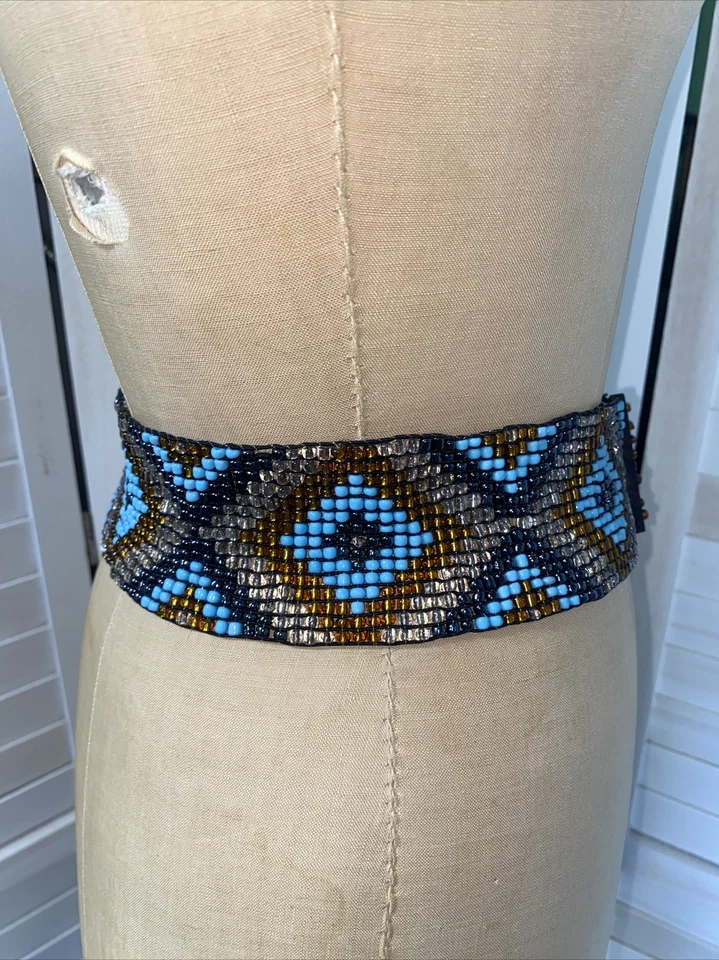 Southwest Themed Blue Beaded Stretch Belt Wooden Clasp, See Photos 2.5”x30.5” - Image 2 of 4