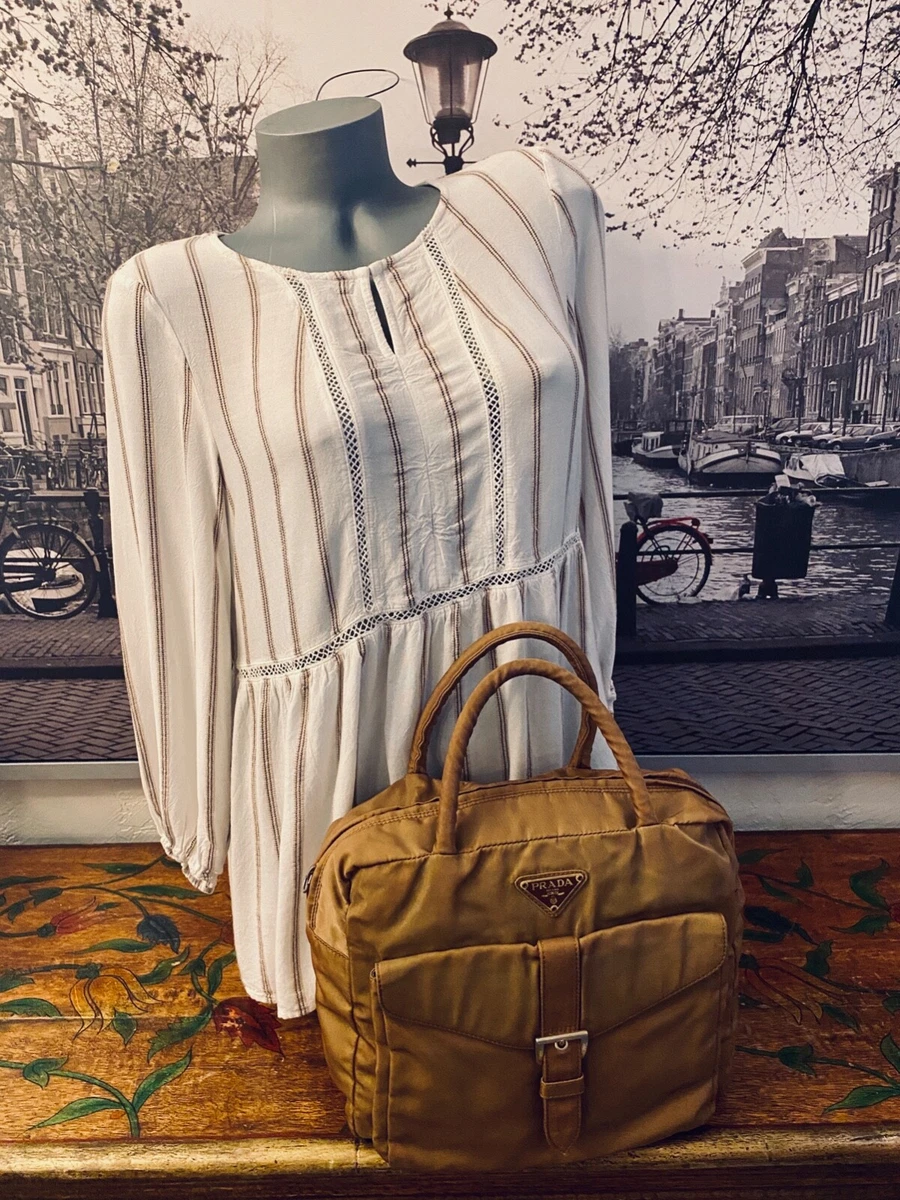 PRADA VINTAGE Medium Tessuto NYLON CAMEL Tan Leather Satchel 1