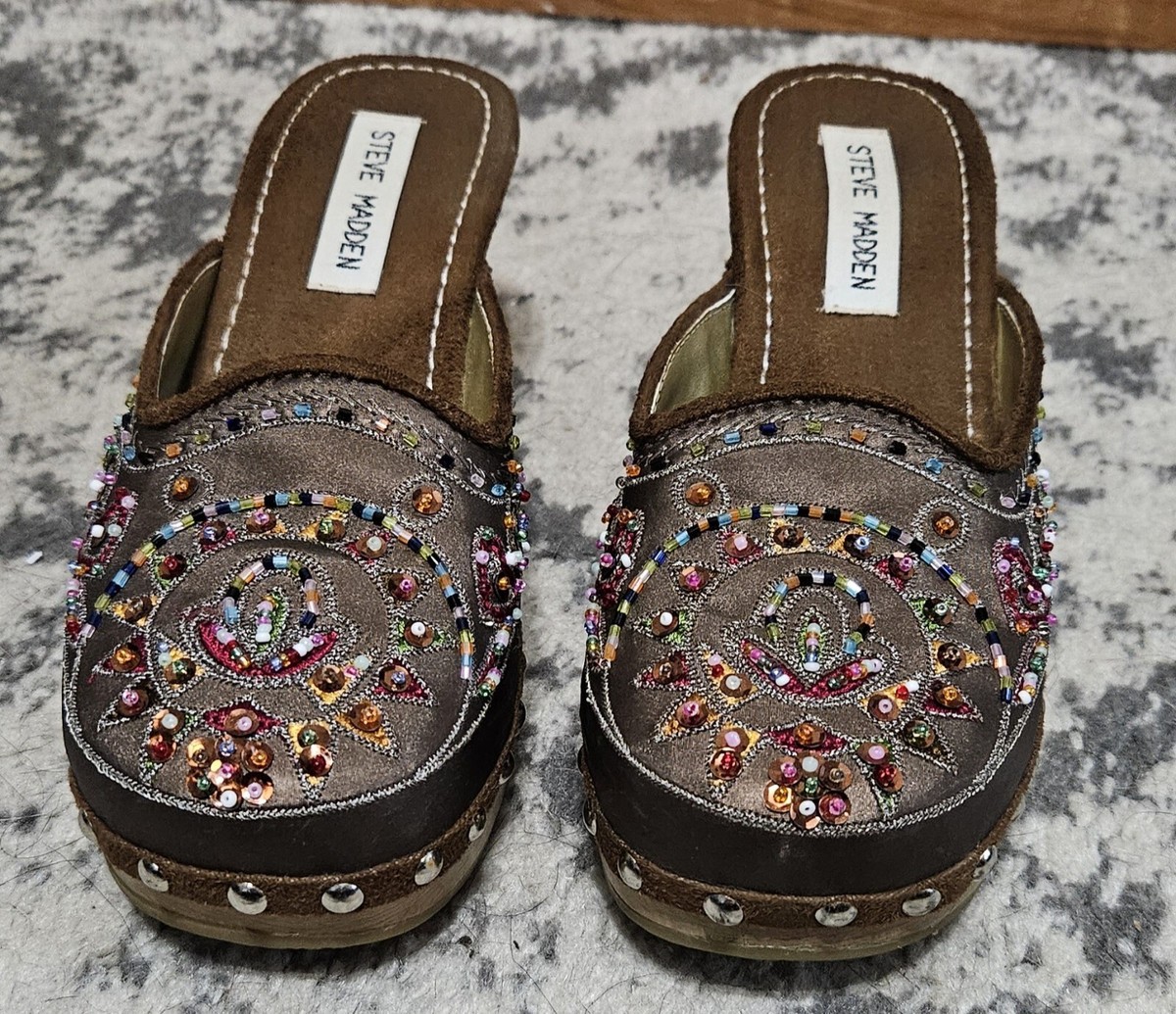 Steve Madden FIREY Clogs Brown Satin Uppers Studded Beaded Boho