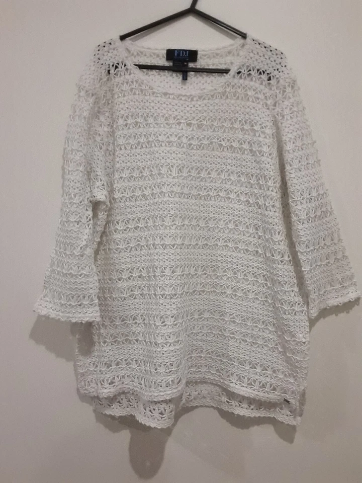 Top FDJ para mujer talla XL blanco encaje algodón manga 3/4 verano playa cubierta Foto 2 de 4