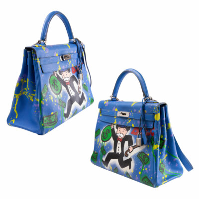 Hermes Kelly 32 Bleu Zanzibar Alec Monopoly Custom Hand Painted