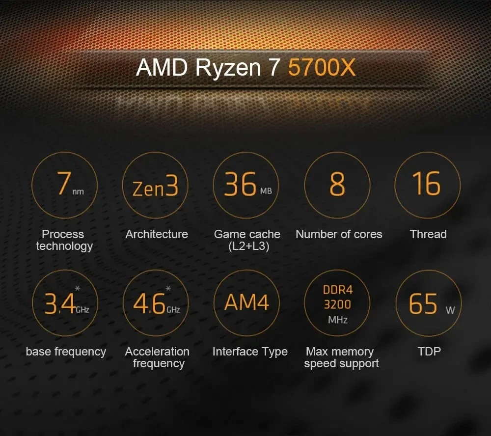 AMD Ryzen 7 5700X AM4 4,6GHz procesador de 8 núcleos sin refrigeración Caja para juegos FR
