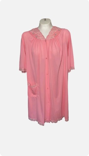 Vintage Shadowline Morgenmantel kurz rosa Damen kleine verdeckte Knöpfe bestickt Rosen - Bild 3 von 10