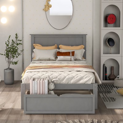 Modern Twin Size Platform Bed Frame with Under-bed Drawer Home Bed Frame, Gray