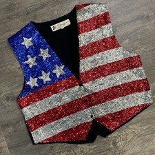 Jc 001 Usa American Flag Sequin Vest Size Large Snap Front Vest Women