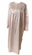 Vintage Delicates Long Nightgown Sz L Pink Satin Embroidered Lacey Long Sleeves