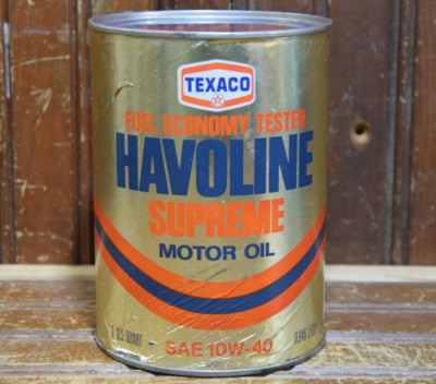 1970s TEXACO HAVOLINE SUPREME MOTOR OIL QUART COMPOSITE CAN UNOPENED SAE 10W-40