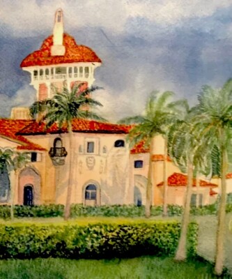 WATERCOLOR 11x14 Original Maralago Trump Architecture Impressionism City Famous