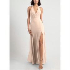 Jenny Yoo Bryce Surplice V-Neck Slit Chiffon Gown, Soft Blush, 8